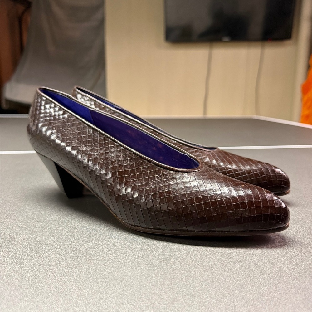 Phyllis Poland Brown Woven Leather Pumps Women's Size 8 1/2 Made In Italy